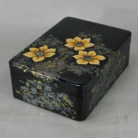 藤澤淳二 黒塗 彫漆蒔絵 花模様 文庫 香川漆器